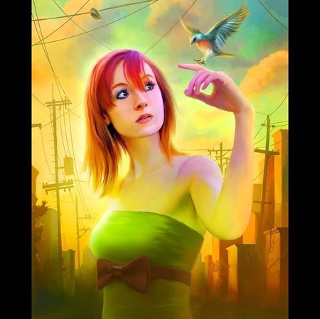 He Chose Me - redhead, girl, female, eye, red hair, fantasy, bird, art, digital art