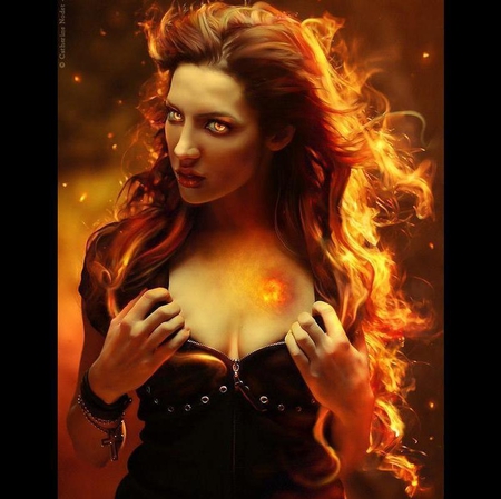 Heart of Fire - fantasy, female, heart, fire, girl, digital art, fiery, hair