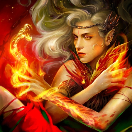 Honglian - hair, eye, fire, fantasy, cg, face, art, snake, digital art, anime, honglian