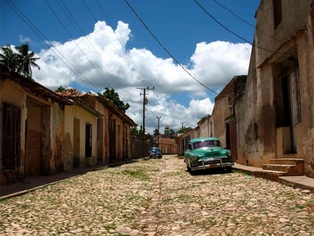 Cuban Streetview - street, houses, car, clouds, old