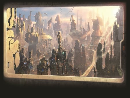 future city - futuristic, window view, scifi, drawing