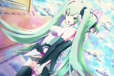 Miku Append & Hatsune Miku - tie, pretty, artistic, pink, uniform, path, headphones, nice, program, append, hot, road, thighhighs, beauty, virtual, cg, white, cute, aqua eyes, song, outfit, sexy, vocaloid, anime, twintail, hatsune miku, microphone, music, aqua, stockings, art, sky, idol, clouds, anime girl, skirt, miku append, beautiful, singer, girl, cool, black, miku, awesome, diva, digital, aqua hair, hatsune, vocaloids, headset