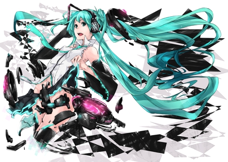 Miku Append - aqua, hot, headset, append, thighhighs, music, anime girl, stockings, white, art, cool, strip, aqua eyes, artistic, hatsune miku, sexy, song, vocaloids, program, vocaloid, pink, beautiful, diva, beauty, nice, twintail, singer, aqua hair, miku append, black, virtual, pretty, idol, anime, stripping, miku, cute, girl, cg, hatsune, microphone, headphones, awesome, digital, gray