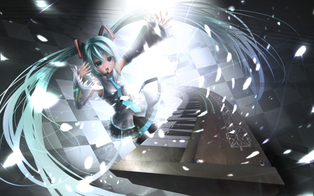 Hatsune Miku - aqua, hot, headset, thighhighs, music, anime girl, stockings, wind, white, piano, art, cool, petals, aqua eyes, checkered, artistic, hatsune miku, sexy, skirt, song, vocaloids, program, 3d, vocaloid, beautiful, uniform, diva, beauty, nice, twintail, singer, aqua hair, black, virtual, pretty, idol, anime, miku, cute, girl, cg, hatsune, microphone, blue, headphones, tie, awesome, flowers, digital, gray, outfit