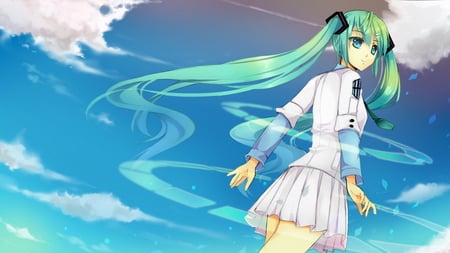 Hatsune Miku - beauty, hatsune miku, sky, sexy, hot, twintails, aqua hair, anime girl, hatsune, vocaloids, clouds, vocaloid, blue, beautiful, miku, cute