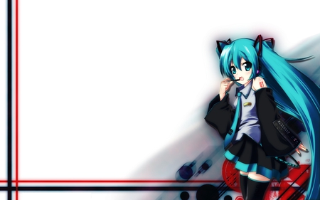 Hatsune Miku - tie, pretty, artistic, uniform, headphones, nice, program, hot, thighhighs, beauty, virtual, cg, white, cute, aqua eyes, song, outfit, sexy, vocaloid, anime, twintail, hatsune miku, microphone, music, aqua, stockings, red, art, idol, anime girl, skirt, beautiful, singer, girl, cool, black, miku, awesome, diva, digital, aqua hair, hatsune, vocaloids, headset