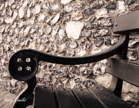 Bench and coble stone wall - bench, photos, black and white, coble stone