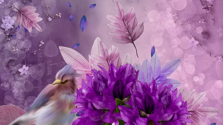 Lavender Drama - flowers, bird, bokeh, lavender, purple, firefox persona, leaves