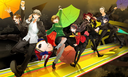 Dancing in the Rain - grey eyes, yousuke hanamura, teddie, biker shorts, headphones, umbrella, chie satonaka, blue hair, pantyhose, black eyes, teddy, video game, silver hair, brown eyes, kanji tatsumi, persona 4, thighhighs, brown hair, persona, school uniform, naoto shirogane, grey hair, shin megami tensei, black hair, seta souji