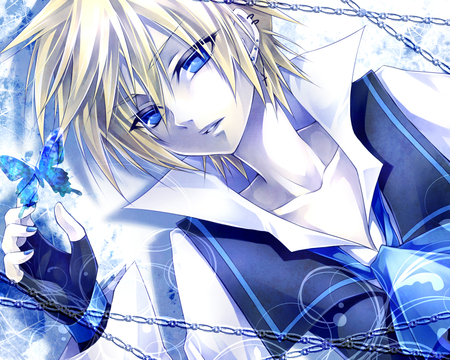 Kagamine Len - anime, vocaloid, kagamine len, blonde hair, cool, male, butterfly, sexy, blue eyes