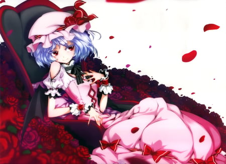 Remilia Scarlet - remilia scarlet, bat wings, female, headdress, anime girl, rose, touhou, alone, pink dress, sweet, smile, cute