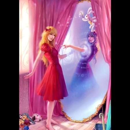 Mirror - beauty, princess, girl, female, fantasy, cg, doll, pretty, digital art, mirror, anime, cute, dress, blonde