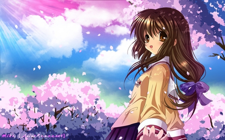 Ibuki Fuuko - anime, cherry blossoms, dress, girl, beauty, brown hair, long hair, cute, ibuki fuuko, clannad, sky