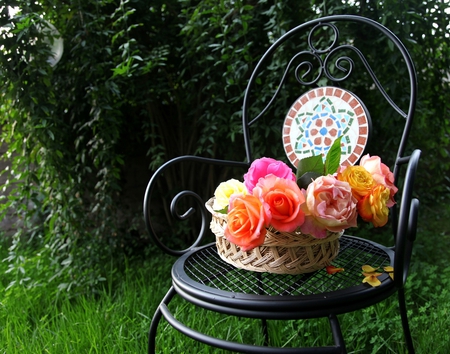 roses basket - roses, basket, garden chair, variable