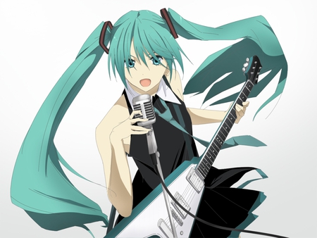 Hatsune Miku - aqua, guitar, music, anime girl, white, art, cool, aqua eyes, artistic, hatsune miku, skirt, song, vocaloids, program, vocaloid, beautiful, uniform, diva, nice, beauty, twintail, singer, aqua hair, black, virtual, pretty, idol, anime, miku, cute, girl, cg, hatsune, microphone, digital, awesome, gray, outfit