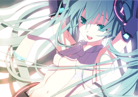 Miku Append - aqua, hot, sun, headset, append, music, anime girl, white, art, cool, aqua eyes, artistic, hatsune miku, sexy, light, song, vocaloids, program, glow, vocaloid, pink, beautiful, uniform, diva, beauty, nice, twintail, singer, aqua hair, miku append, black, virtual, pretty, idol, anime, miku, cute, sunlight, girl, cg, hatsune, microphone, blue, headphones, awesome, digital, gray, outfit