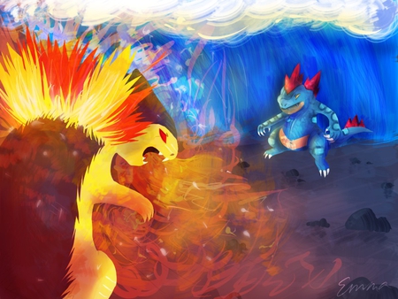 feraligatr vs. typhlosion - water, pokemon, beast, fire