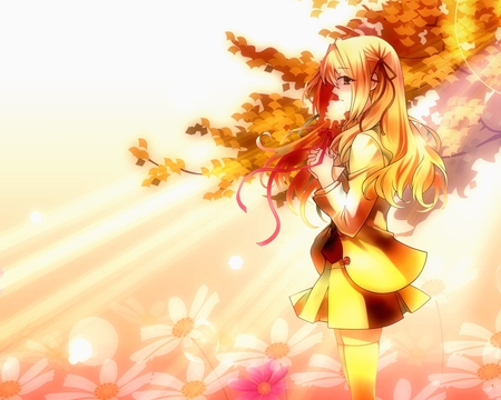 Golden Girl - anime, yellow, woman, girl, gold, leaf, peace