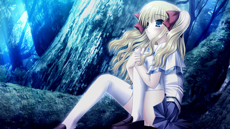 Alone - alone, lonely, girl, night, ribbon, skirt, uniform, woods, scared