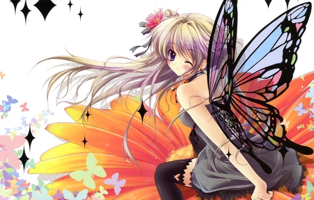 Butterly - nice, butterfly, girl, hot, anime, cute, flower, dress