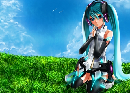 Miku Append - pretty, artistic, realism, meadow, real, headphones, nice, program, append, hot, thighhighs, beauty, virtual, cg, white, gray, green, cute, aqua eyes, 3d, song, sexy, vocaloid, anime, twintail, grass, hatsune miku, microphone, music, aqua, stockings, hd, art, sky, idol, clouds, anime girl, realistic, miku append, beautiful, singer, girl, cool, black, miku, awesome, diva, digital, aqua hair, hatsune, vocaloids, headset