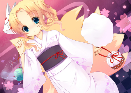 Original - tail, mask, original, if, fox, blonde hair, kimono, flowers, japanese clothes