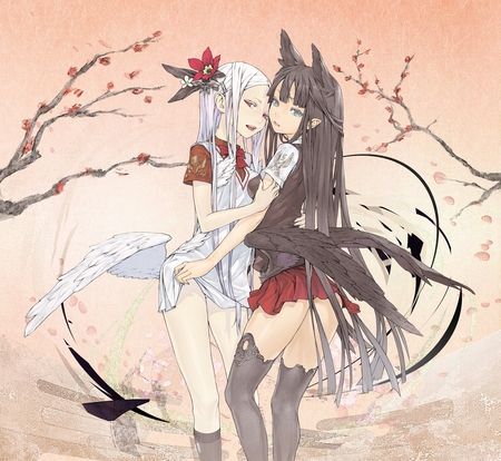 Tagme - animal ears, green eyes, long hair, white hair, red eyes, uniform, flowers, short hair, 2girls, black hair