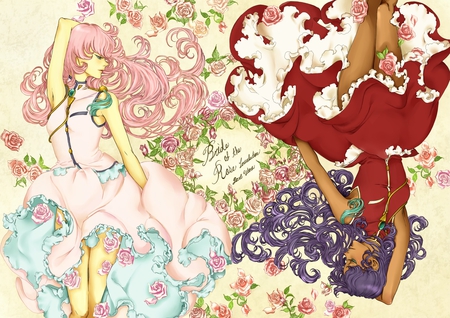 revolutionary girl utena - blue hair, bed, long hair, pink hair, flowers, 2girls, dress