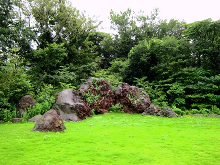 Zen concepts - volcanic rocks, grass, trees, peaceful