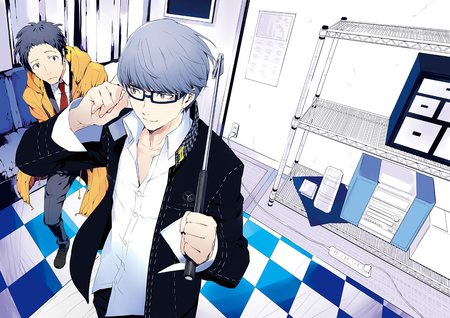 Seta & Adachi - gold club, grey eyes, necktie, persona 4, persona, suit, adachi tooru, school uniform, glasses, shin megami tensei, grey hair, coat, seta souji