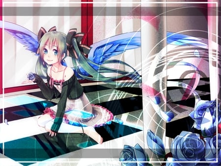 Angel Miku - aqua, hot, angel, headset, music, thighhighs, wings, anime girl, white, art, cool, aqua eyes, checkered, artistic, hatsune miku, sexy, blue eyes, song, blue rose, vocaloids, program, vocaloid, pink, beautiful, diva, dress, beauty, nice, twintail, singer, aqua hair, black, rose, virtual, pretty, idol, anime, miku, cute, feathers, girl, plants, cg, hatsune, blue hair, microphone, blue, headphones, awesome, flowers, digital