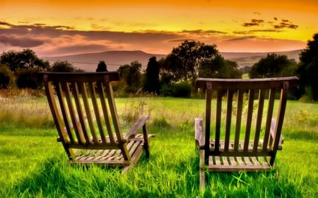 Just Relax - relax, hills, yellow, summer, splendor, landscape, chairs, grass, view, sky, clouds, trees, beautiful, beauty, colors, lovely, tree, chair, colorful, nature, sunset, green, mountains, peaceful