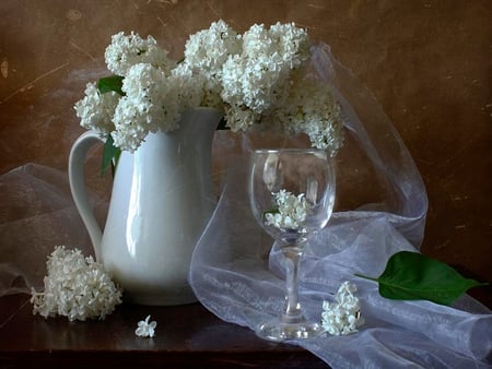 Still Life - beauty, white lilacs, glass, photography, lovely, still life, vase, nature, white, lilacs, pretty, petals, beautiful, white lilac, flowers, lilac