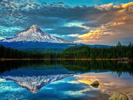 Reflection - beauty, sky, trees, peaceful, water, sunset, mountains, view, reflection, clouds, green, tree, lake, landscape, lovely, nature, blue, beautiful, splendor, stones, colors, sunrise