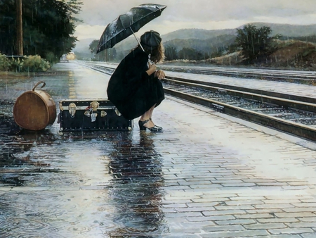 Last Train to Nowhere ! - train, girl, luggage, rain