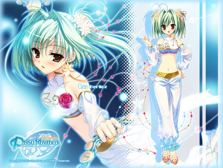 Lia Berlioz - beauty, brown eyes, girl, ribbons, lia berlioz, prism rhythm, anime, short hair, green hair, cute, dress