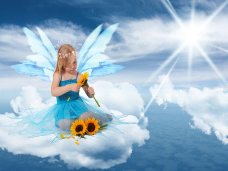 Magic moments - sky, sunflowers, girl, magical, fantasy, wondeful, abstract, yellow, blue, clouds, fairy, blonde, little