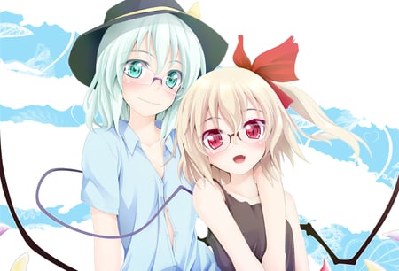 Koishi and Flandre - hat, flandre scarlet, dress, blonde hair, green eyes, hair, red eyes, girls, koishi komeiji, short hair, glasses, touhou, green, cute, ribbons