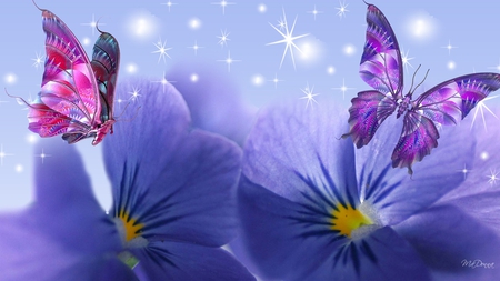 Violets and Butterflies - violelt, purple, pink, summer, flowers, sparkles, firefox persona, glow spots