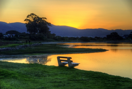 Sunset - sky, trees, bench, mountains, sunset, evening, reflection, walk, clouds, green, house, grass, lake, landscape, nature, beautiful, colors