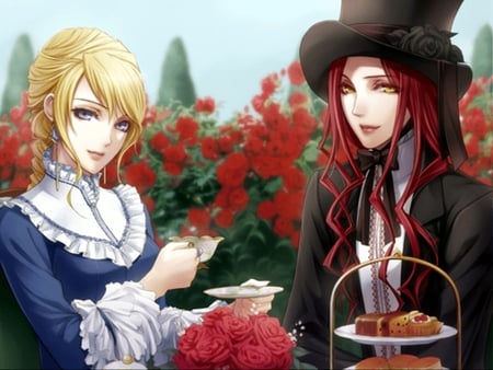 Will O' Wisp - hat, gold eyes, food, blonde hair, tea, flower, long hair, red hair, gyl, will o wisp, blue eyes