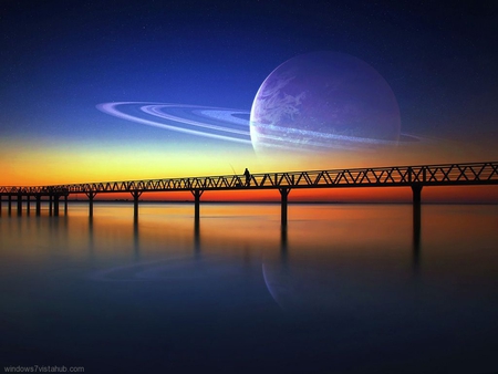 Bridge - sunset, bridge, planet, space