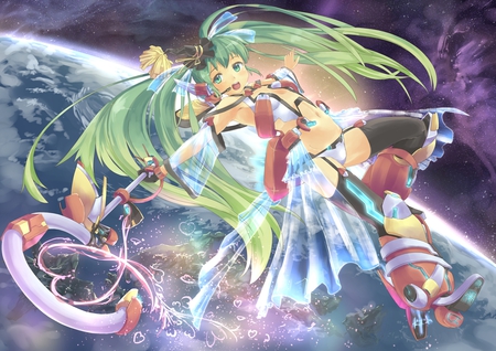 Hatsune Miku - aqua, hot, sun, music, thighhighs, anime girl, white, art, cool, aqua eyes, earth, artistic, hatsune miku, sexy, light, song, space, vocaloids, program, glow, vocaloid, pink, beautiful, uniform, diva, beauty, nice, dancer, sky, wand, twintail, singer, aqua hair, black, armor, virtual, pretty, clouds, idol, anime, miku, cute, planet, stars, sunlight, girl, cane, cg, hatsune, red, awesome, digital, outfit