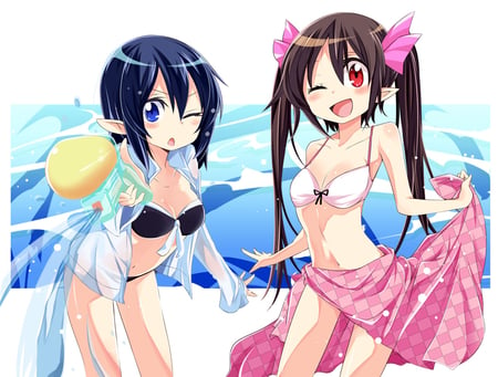 Tagme - red eyes, elf, blue eyes, bikini, long hair, wink, black hair, short hair