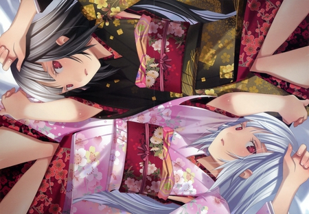 Anime - red eyes, long hair, white hair, black hair, kimono, bed