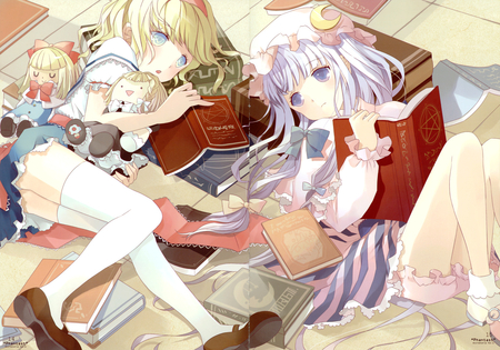 Touhou - short hair, dress, blonde hair, long hair, purple hair, patchouli knowledge, alice margatroid, blue eyes