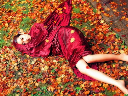 beauty in red autumn leafs - red, people, model, leafs, female, autumn