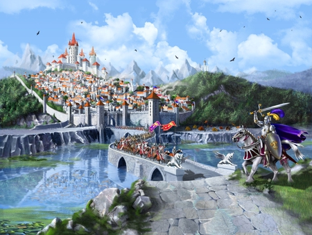 fantasy knights - medival, sky, horse, clouds, castle, water, knight, fantasy