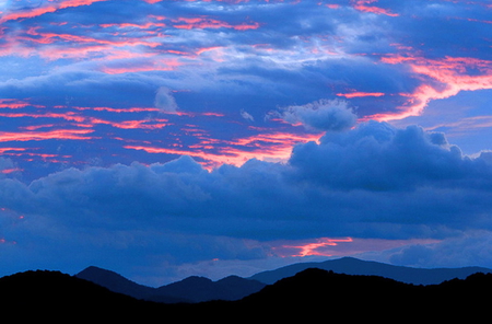 Cracks in the blue - clouds, hills, blue, evening, pink, sky, billows