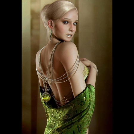 Open Green - beauty, girl, female, fantasy, cg, digital art, green, dress, blonde